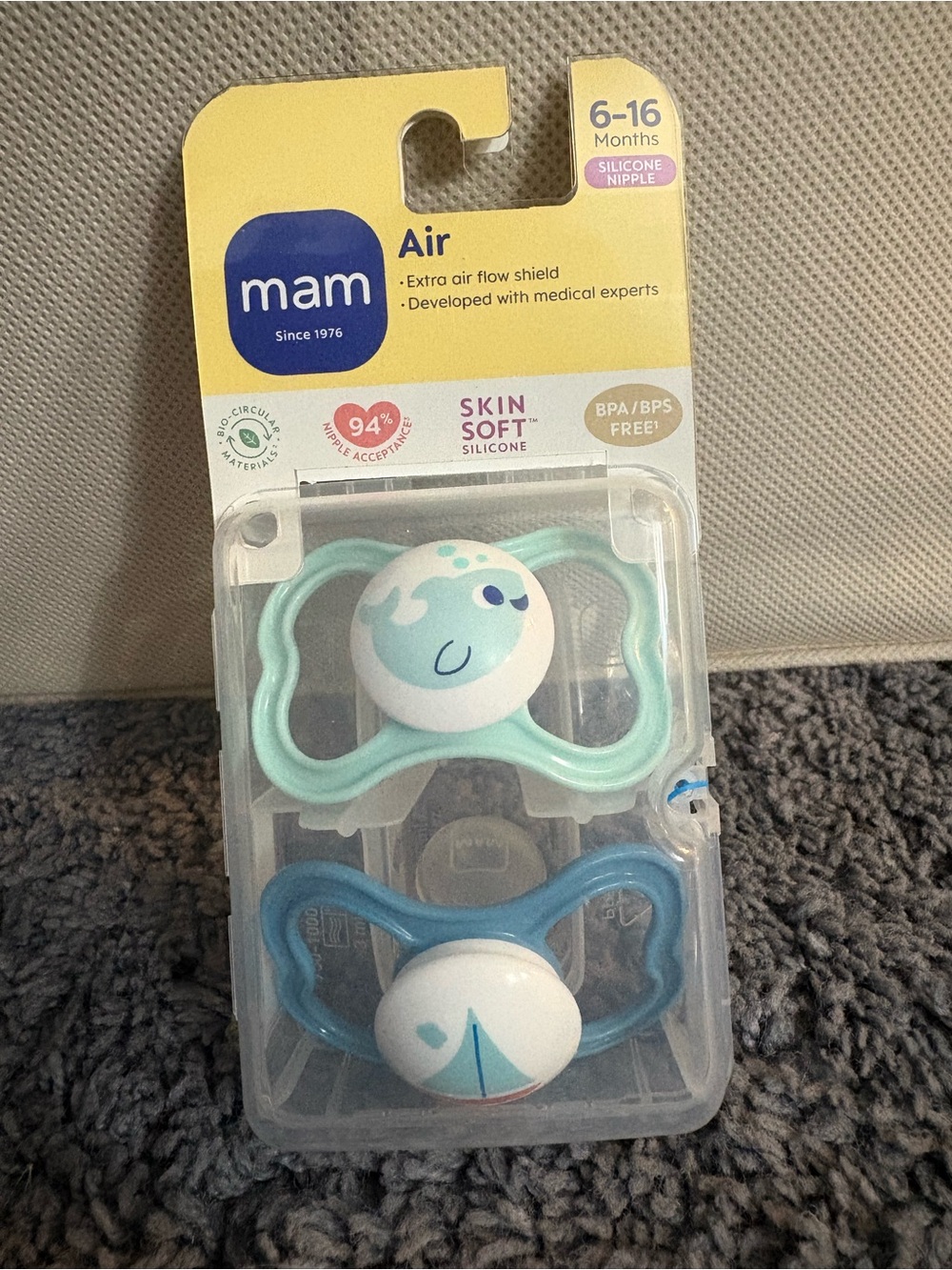 NWT mam - Air - 2 pacifiers silicone nipple - dolphin & sailboat- 6-16 months